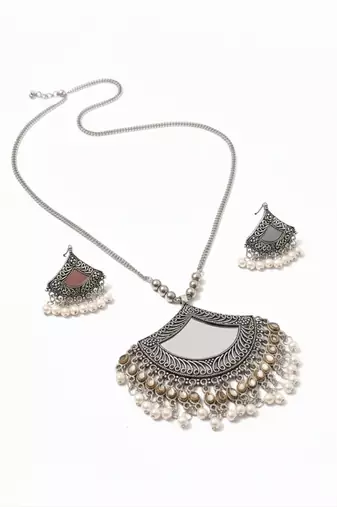Nvr women oxidised silver finish mirror work necklace with earrings set