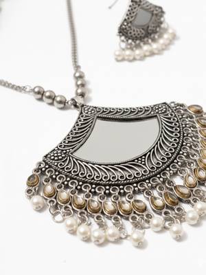 Nvr women oxidised silver finish mirror work necklace with earrings set 5