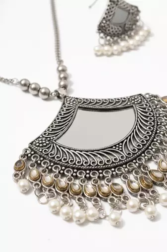 Nvr women oxidised silver finish mirror work necklace with earrings set