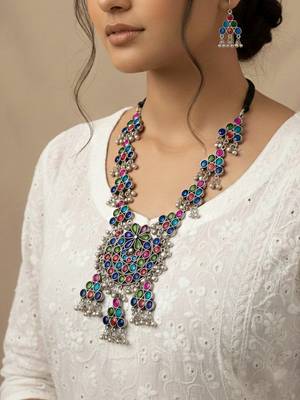 Nvr women silver plated oxidized multicolor long necklace with earrings set 1