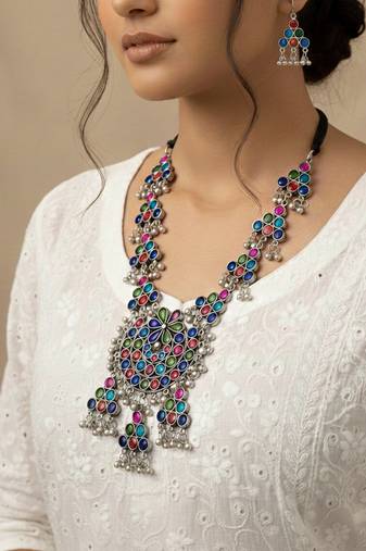 Nvr women silver plated oxidized multicolor long necklace with earrings set