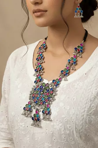 Nvr women silver plated oxidized multicolor long necklace with earrings set