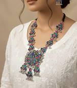Nvr women silver plated oxidized multicolor long necklace with earrings set