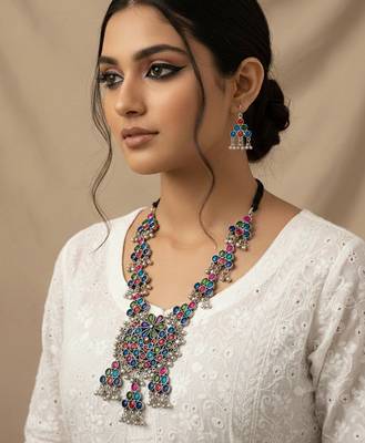 Nvr women silver plated oxidized multicolor long necklace with earrings set 2