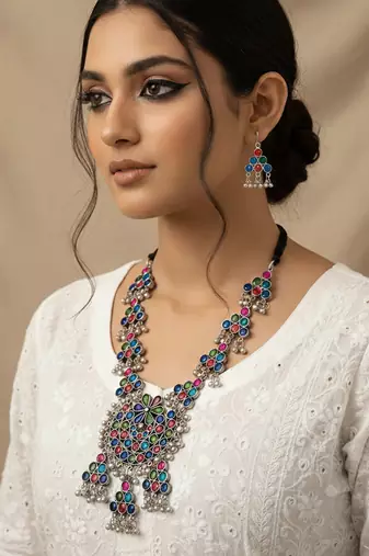 Nvr women silver plated oxidized multicolor long necklace with earrings set