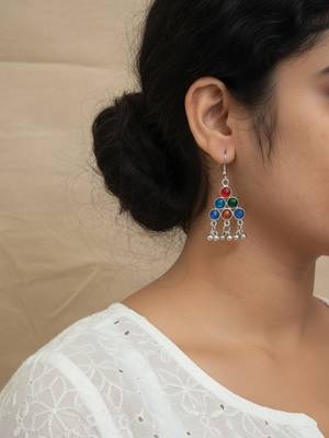 Nvr women silver plated oxidized multicolor long necklace with earrings set 3