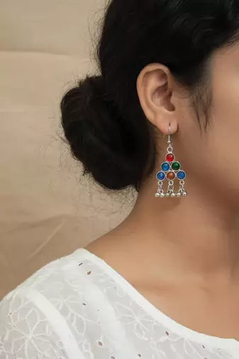 Nvr women silver plated oxidized multicolor long necklace with earrings set