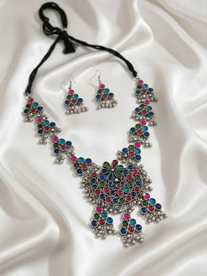 Nvr women silver plated oxidized multicolor long necklace with earrings set 4