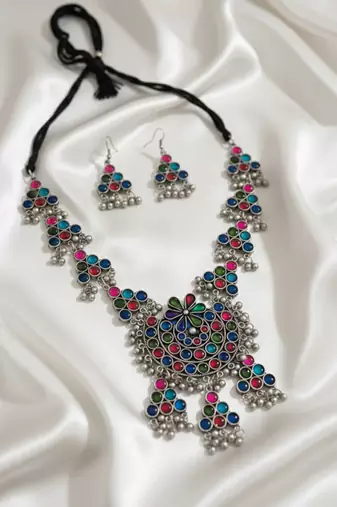 Nvr women silver plated oxidized multicolor long necklace with earrings set