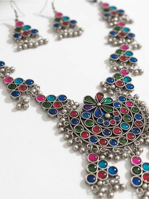 Nvr women silver plated oxidized multicolor long necklace with earrings set 5
