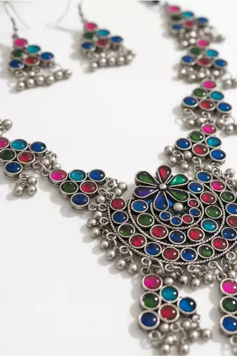 Nvr women silver plated oxidized multicolor long necklace with earrings set