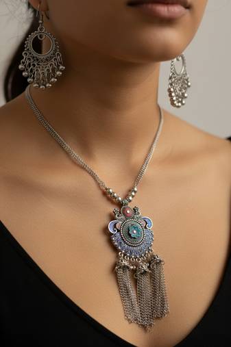 Nvr women's oxidised silver-plated tribal jewellery set