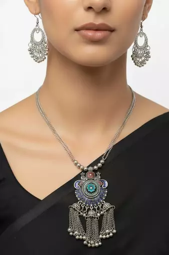 Nvr women's oxidised silver-plated tribal jewellery set