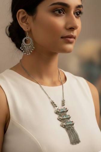 Nvr women oxidized silver-plated tribal jewellery set with chain tassels & colored stones