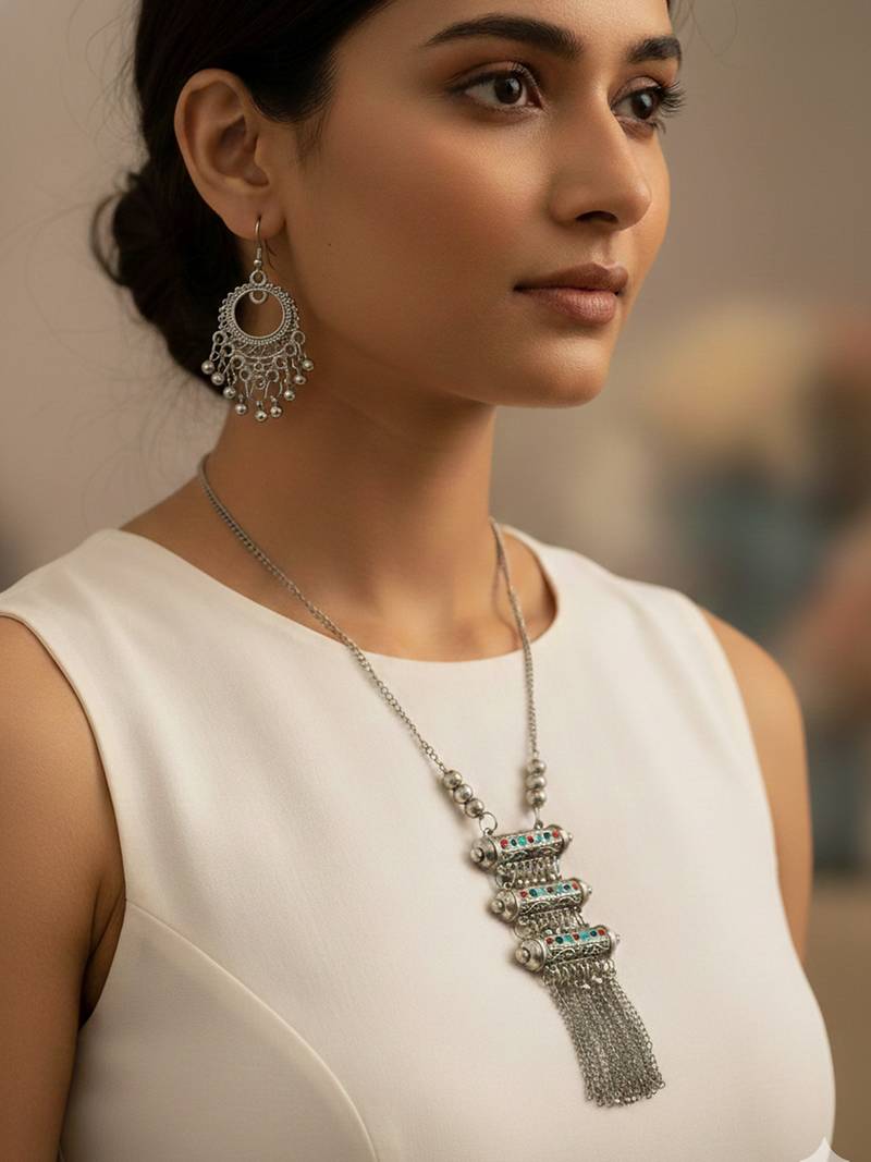 Nvr women oxidized silver-plated tribal jewellery set with chain tassels & colored stones