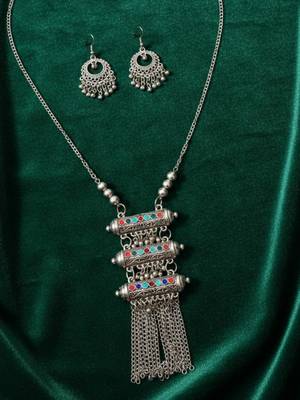 Nvr women oxidized silver-plated tribal jewellery set with chain tassels & colored stones 2