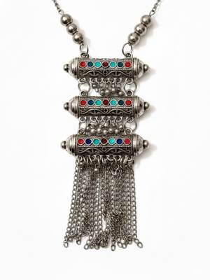 Nvr women oxidized silver-plated tribal jewellery set with chain tassels & colored stones 4