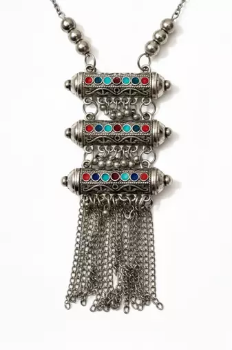 Nvr women oxidized silver-plated tribal jewellery set with chain tassels & colored stones