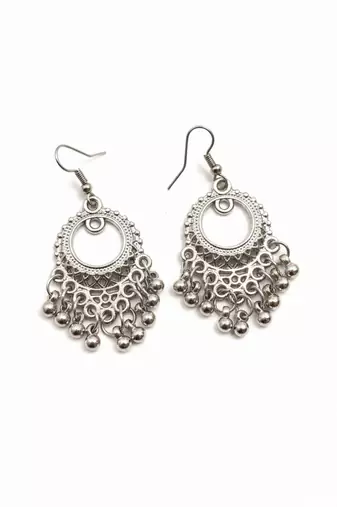 Nvr women oxidized silver-plated tribal jewellery set with chain tassels & colored stones