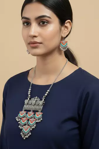 Nvr women oxidized multicolor ghungroo necklace with earrings set