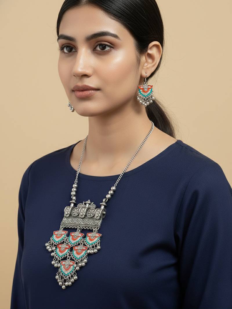 Nvr women oxidized multicolor ghungroo necklace with earrings set