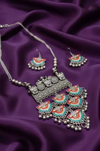 Nvr women oxidized multicolor ghungroo necklace with earrings set