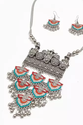 Nvr women oxidized multicolor ghungroo necklace with earrings set