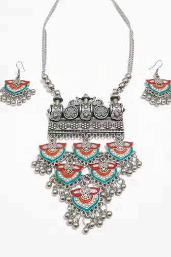 Nvr women oxidized multicolor ghungroo necklace with earrings set