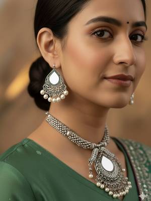 Nvr women oxidized silver-tone mirror & pearl ethnic necklace with earring set 1