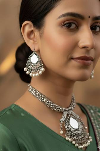 Nvr women oxidized silver-tone mirror & pearl ethnic necklace with earring set
