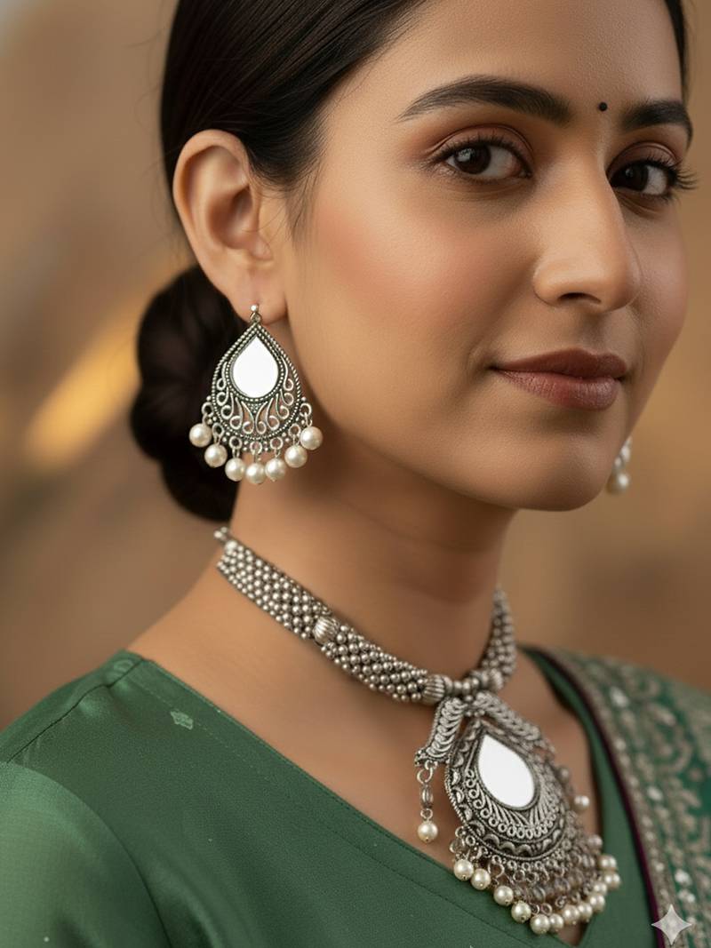 Nvr women oxidized silver-tone mirror & pearl ethnic necklace with earring set