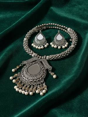 Nvr women oxidized silver-tone mirror & pearl ethnic necklace with earring set 2