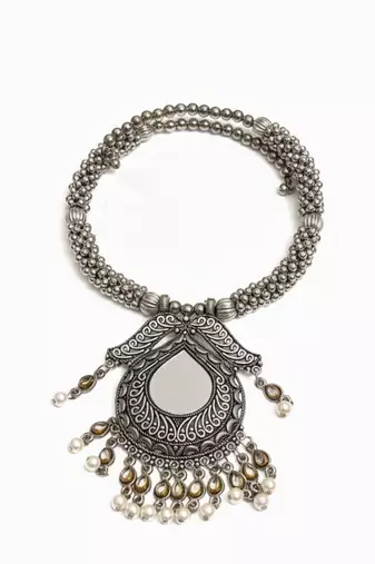 Nvr women oxidized silver-tone mirror & pearl ethnic necklace with earring set