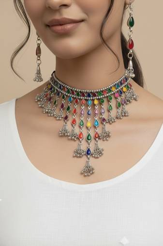 Nvr women's multicolor oxidised silver plated choker necklace with earring set