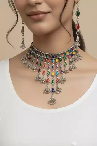 Nvr women's multicolor oxidised silver plated choker necklace with earring set