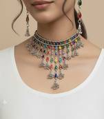 Nvr women's multicolor oxidised silver plated choker necklace with earring set
