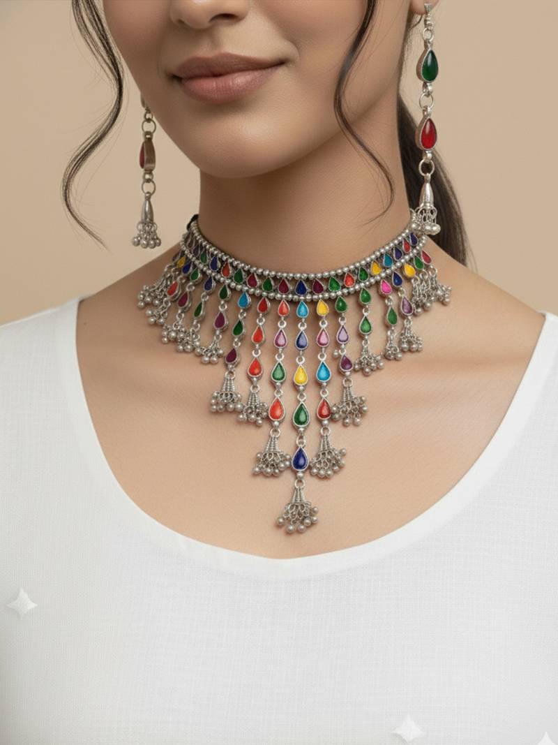 Nvr women's multicolor oxidised silver plated choker necklace with earring set