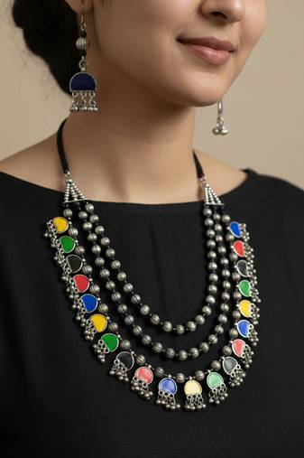 Nvr women multicolor german silver elite chic artificial stones layered jewellery set