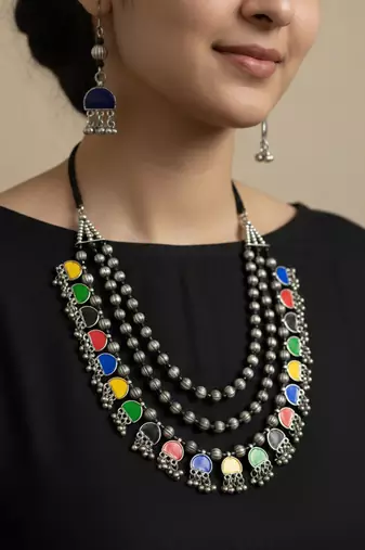 Nvr women multicolor german silver elite chic artificial stones layered jewellery set