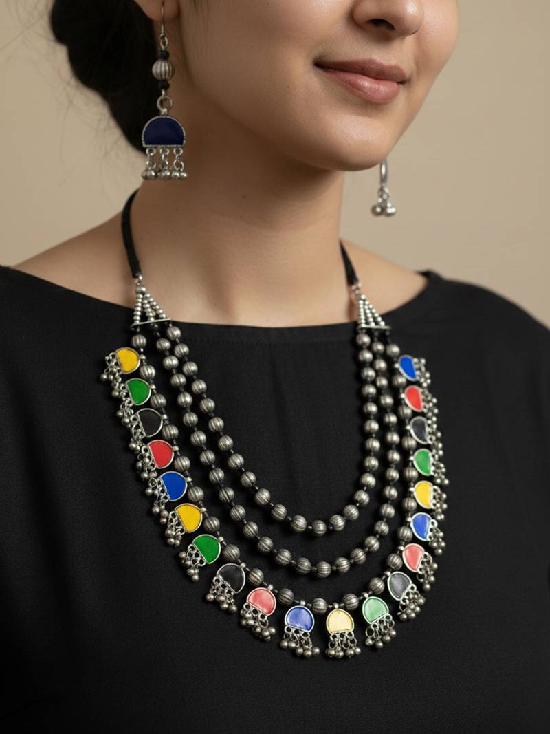 Nvr women multicolor german silver elite chic artificial stones layered jewellery set