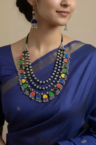 Nvr women multicolor german silver elite chic artificial stones layered jewellery set