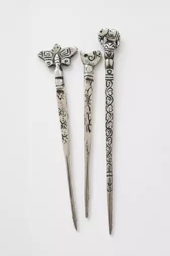 Nvr women's set of 3 assorted oxidised german silver juda hair stick