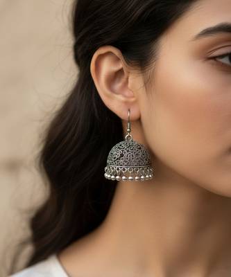 Nvr women german silver oxidised dome shaped jhumka earrings 1