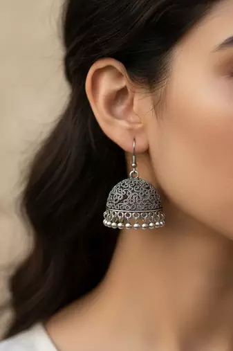 Nvr women german silver oxidised dome shaped jhumka earrings