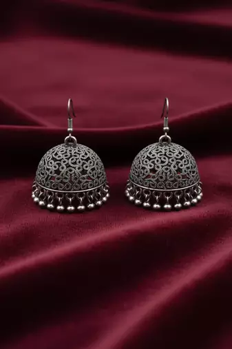 Nvr women german silver oxidised dome shaped jhumka earrings