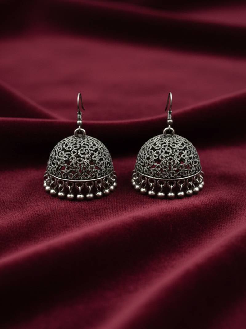 Nvr women german silver oxidised dome shaped jhumka earrings