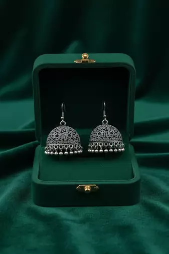 Nvr women german silver oxidised dome shaped jhumka earrings