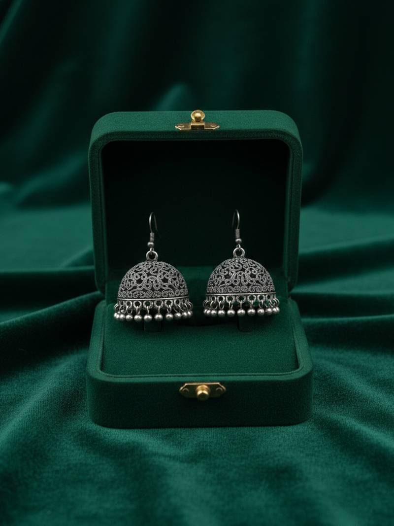 Nvr women german silver oxidised dome shaped jhumka earrings