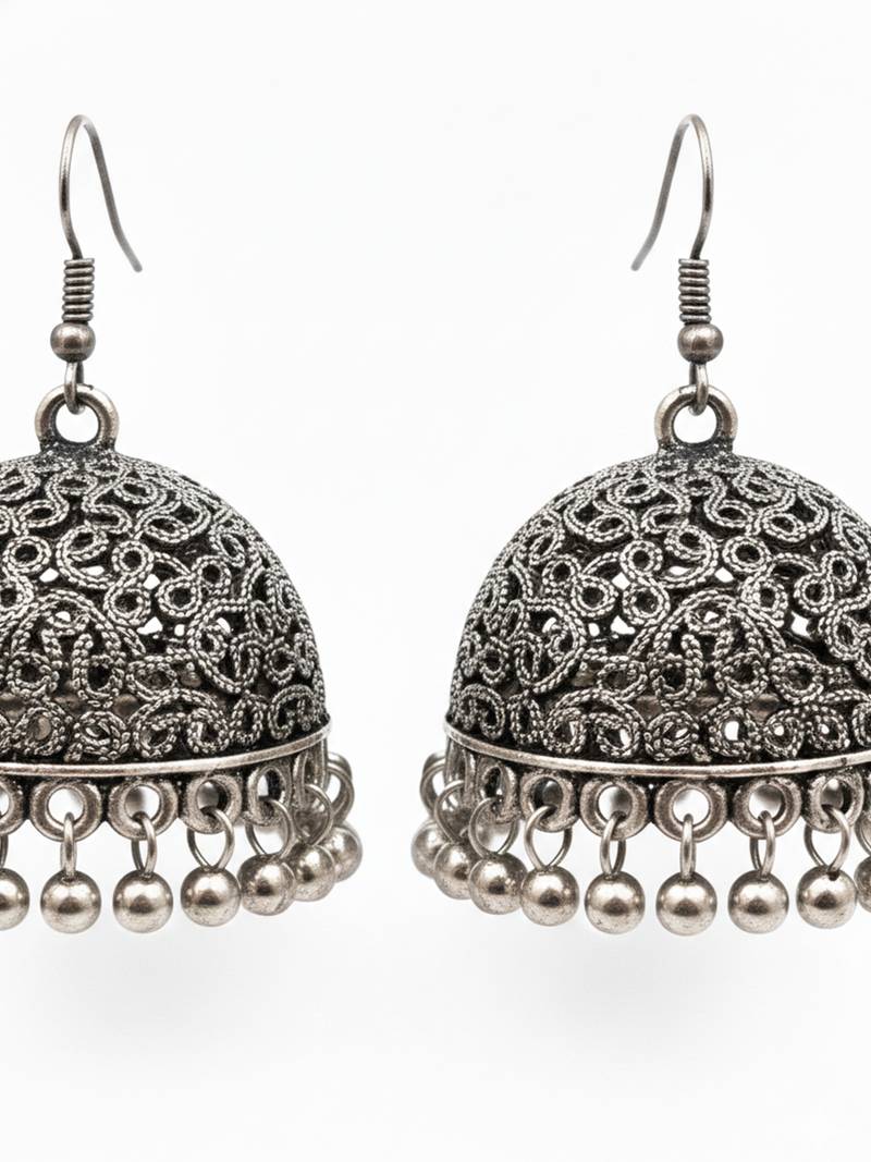 Nvr women german silver oxidised dome shaped jhumka earrings