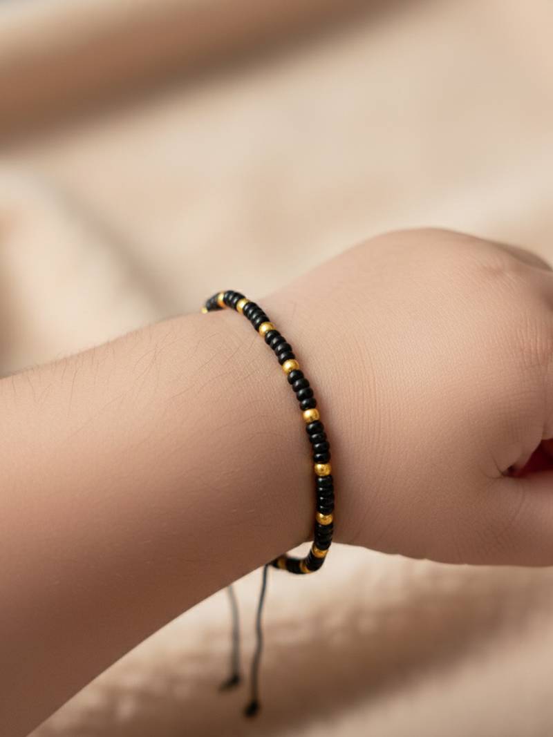 Nvr kids set of 2 black & gold beaded adjustable nazariya bracelet